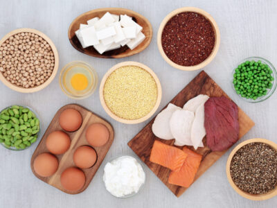 Image of lean meats, tofu, eggs, and beans, all staged together