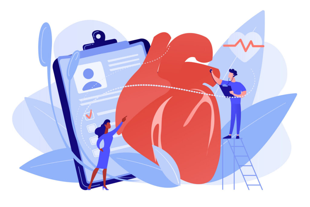 Illustration of a doctor with a stethoscope listening to huge heart. Representing ischemic heart disease, heart disease and coronary artery disease concept on white background.